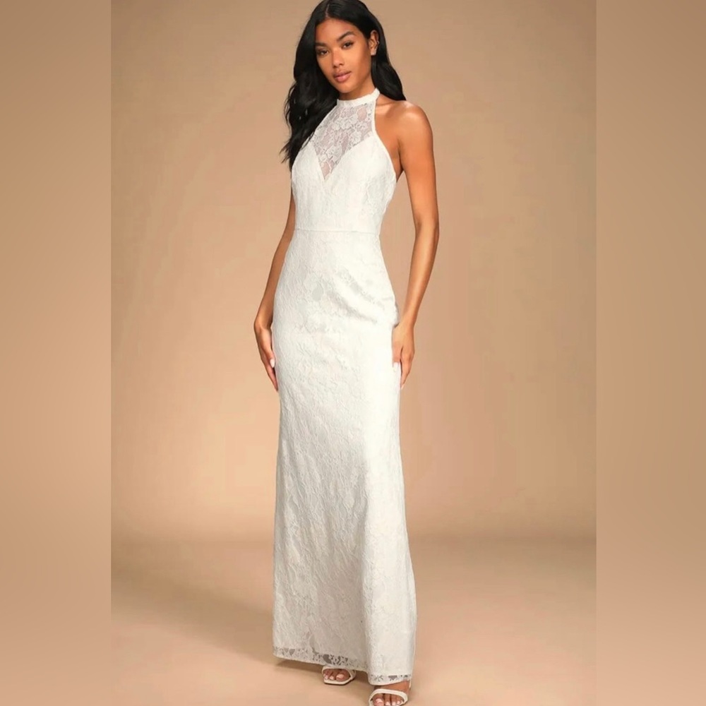 NWT Lulus Love Season White Lace Backless Halter Maxi Dress